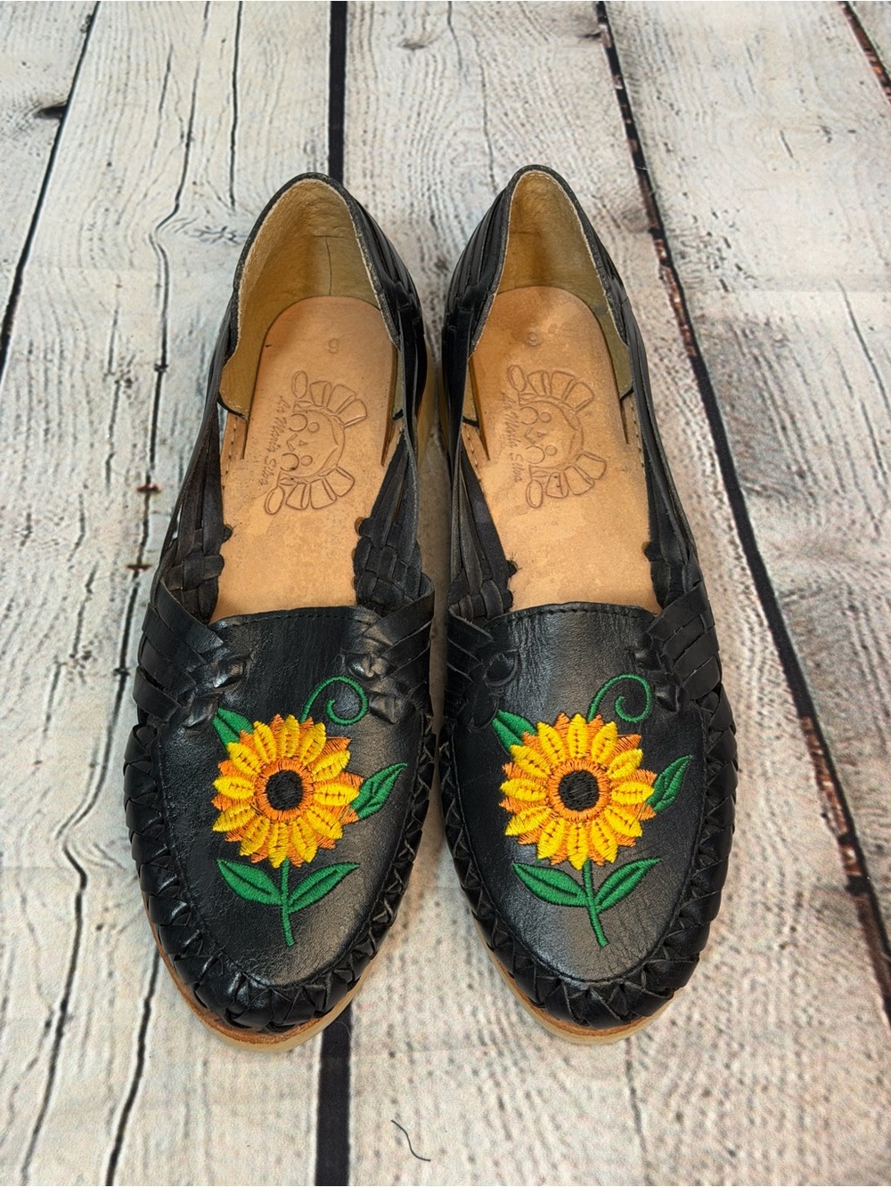 New Black Leather Slip-On Loafers with Sunflower Embroidery